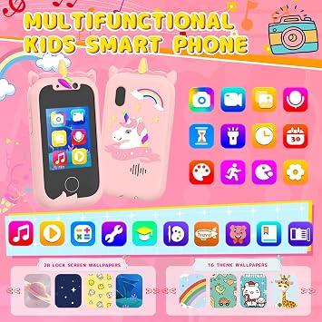 Ashfly Kids Phone for Girls,2.4’’ Kids Smart Phone Learning Toy with Dual Camera Music Player SD Card,Unicorns Christmas Birthday Gifts for 3-8 Year Old Girls-Pink