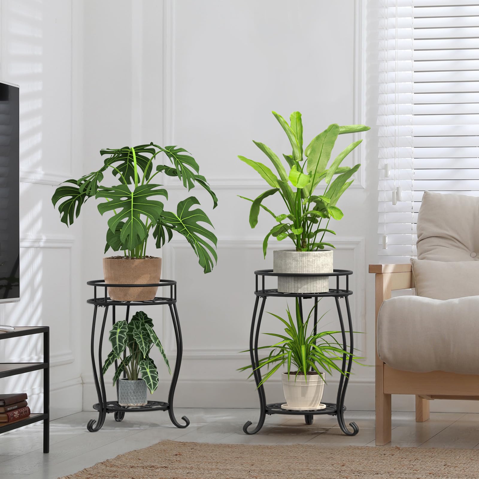 Soporte de metal de 2 niveles para plantas para interiores y exteriores, resistente al óxido, soporte estable para múltiples plantas, soporte para macetas para sala de estar, balcón, jardín, patio 6