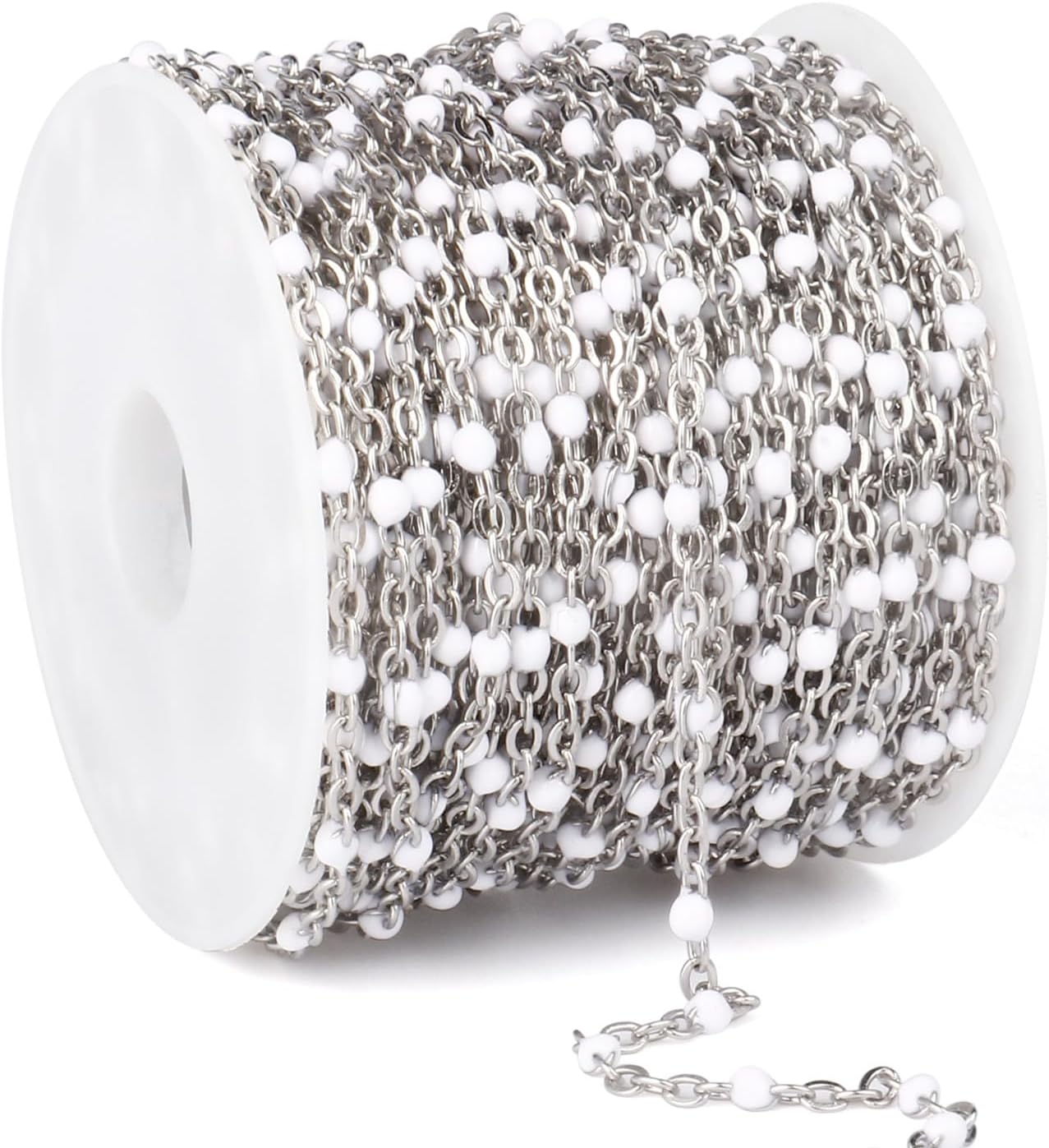 33 Feet Stainless Steel Enamel Chains Bulk, 2mm 304 Stainless Steel White Enamel Beaded Cable Link Chain Roll Spool for Jewelry Making
