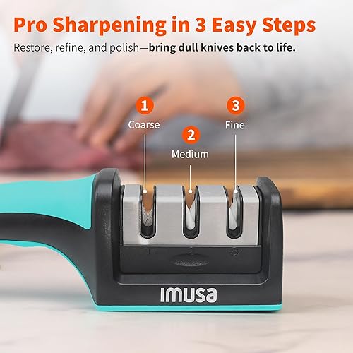 Miniatura 4 de IMUSA - Afilador de cuchillos de cocina con diseño de afilador de cuchillas de acero inoxidable de 3 etapas, fácil de usar, kit ergonómico de