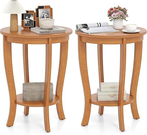 Miniatura 17 de GOFLAME Juego de 2 mesas auxiliares redondas de 2 niveles, mesa auxiliar de sofá de 18 pulgadas con estante de almacenamiento, mesa de té de piso