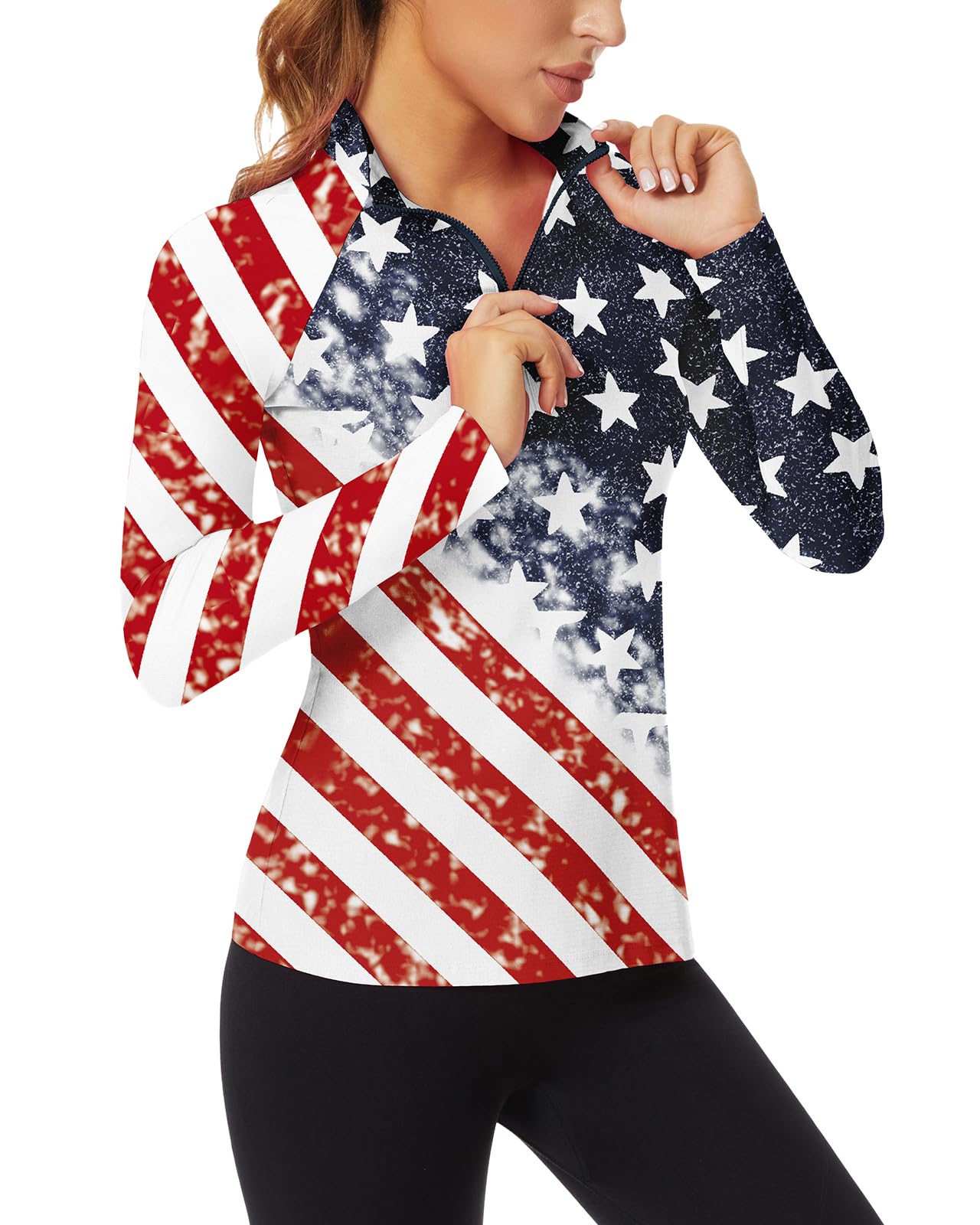 WOWENY Women's Long Sleeve Athletic Shirts Quarter Zip Pullover Collared T-Shirt Workout Print Tennis Top