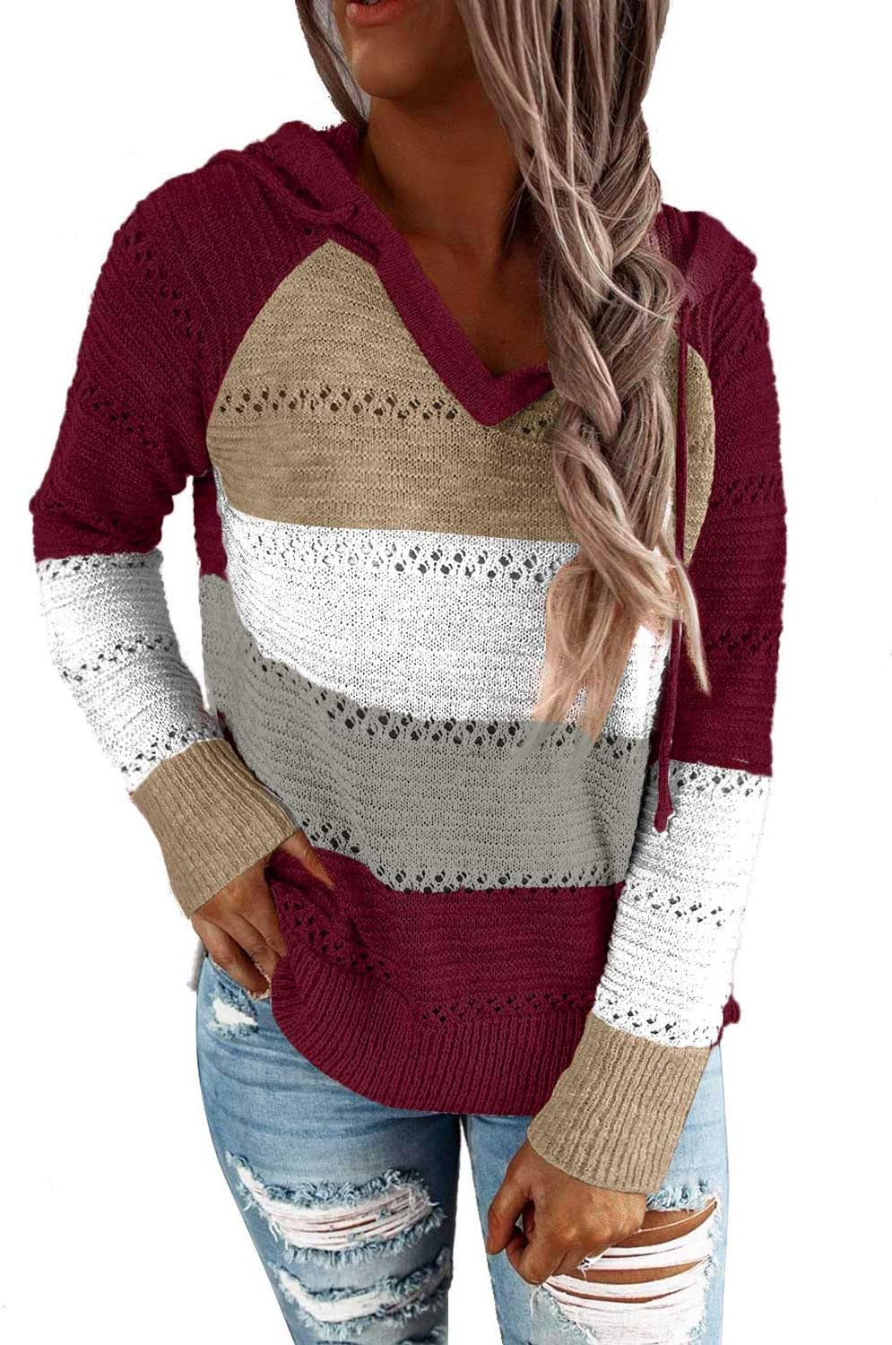 SMENG womens fashion color block hoodie holey sweaters fall