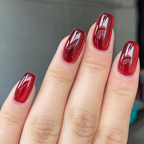 Miniatura 15 de Uñas postizas cortas ovaladas de acrílico con ojo de gato - Uñas falsas de cobertura completa en rojo vino con diseños, brillantes, para pegar