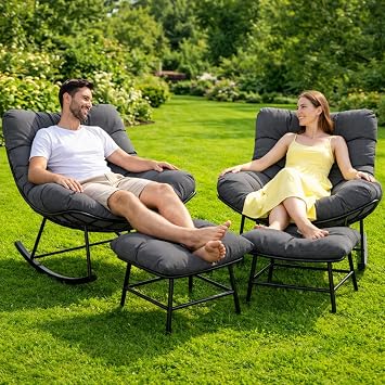 Outdoor Rocking Chair with Ottoman - Patio Papasan Rocking Chair with Adjustable Footrest, Double Padded Cushions, 450Lbs Capacity, 1-Person Loveseat for Indoor & Outdoor Use 2, Gray