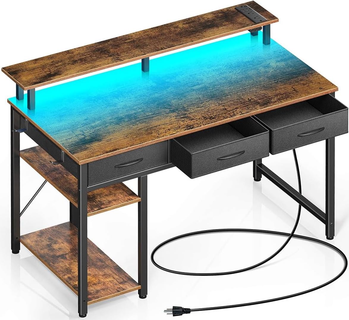 Rolanstar Computer Desk with Power Outlets & LED Light, 39 inch Home Office Desk with 3 Drawers and Storage Shelves, Writing Desk with Monitor Stand, Work Desk for Home Office,Rustic Brown