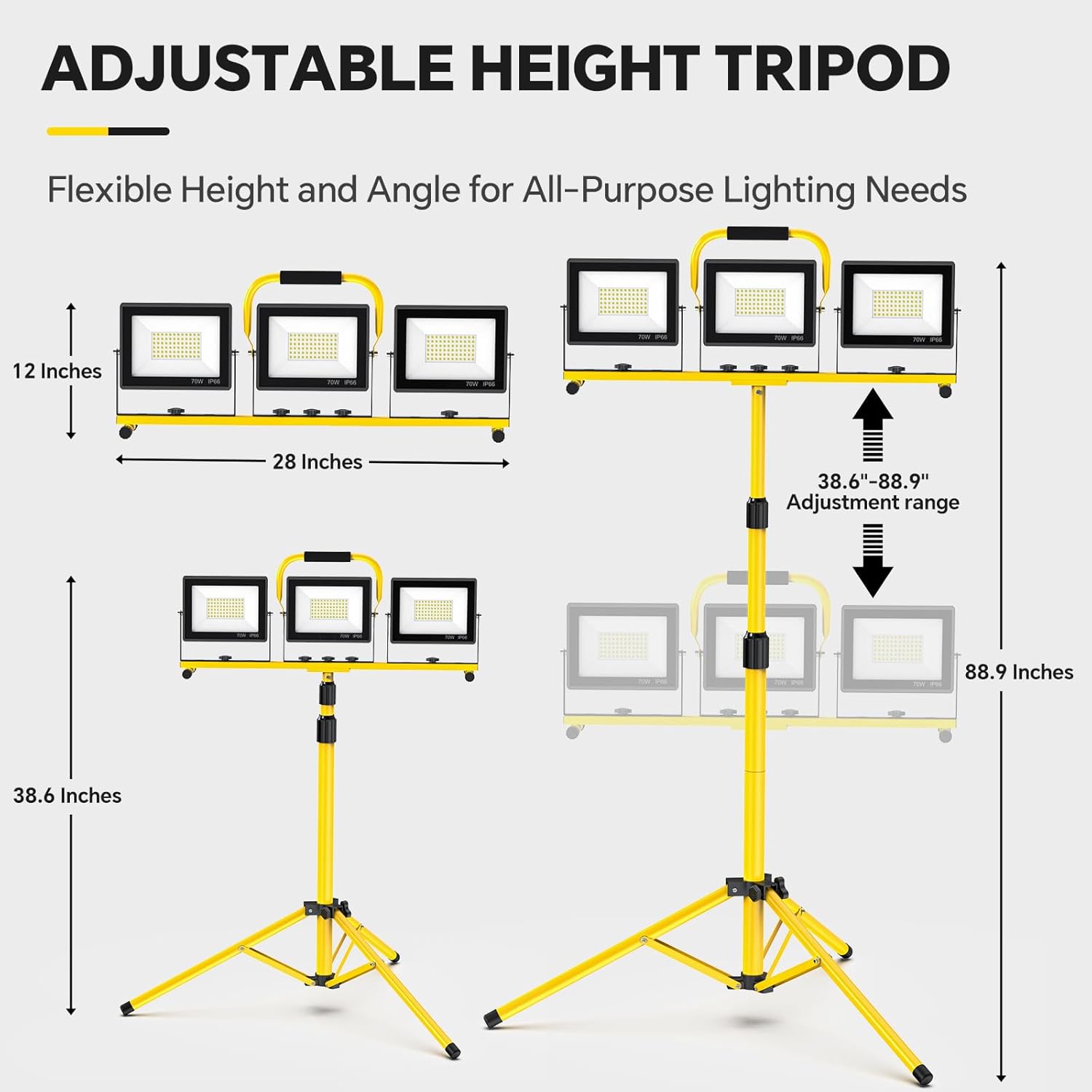 21000 Lumen LED Work Lights with Stand: 3 Head Adjustable Work Light with Individual Switch, IP66 Waterproof Foldable Tripod, 16.5FT Cord for Indoor/Outdoor Job Site Construction Garage Lighting