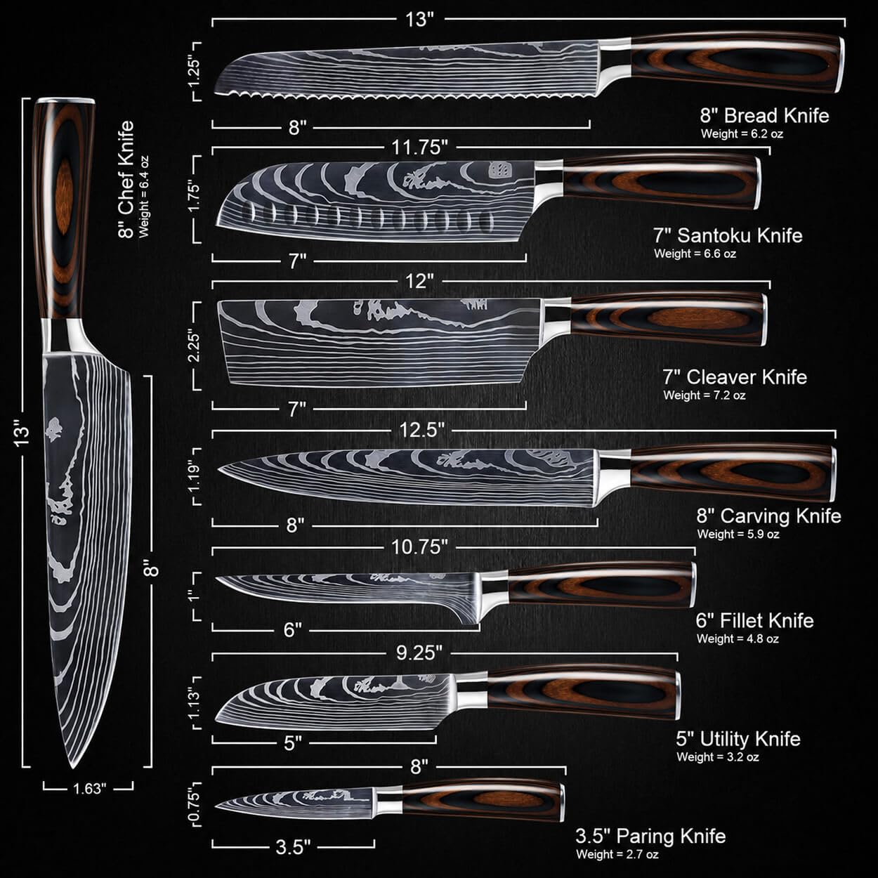 SENKEN 8-Piece Japanese Kitchen Knife Set - Damascus Pattern - High-Carbon Stainless Steel - Pakkawood Handle - Imperial Collection - Chef's Knife, Santoku, Bread, Paring, Cleaver, with Gift Box — Amazon image 7