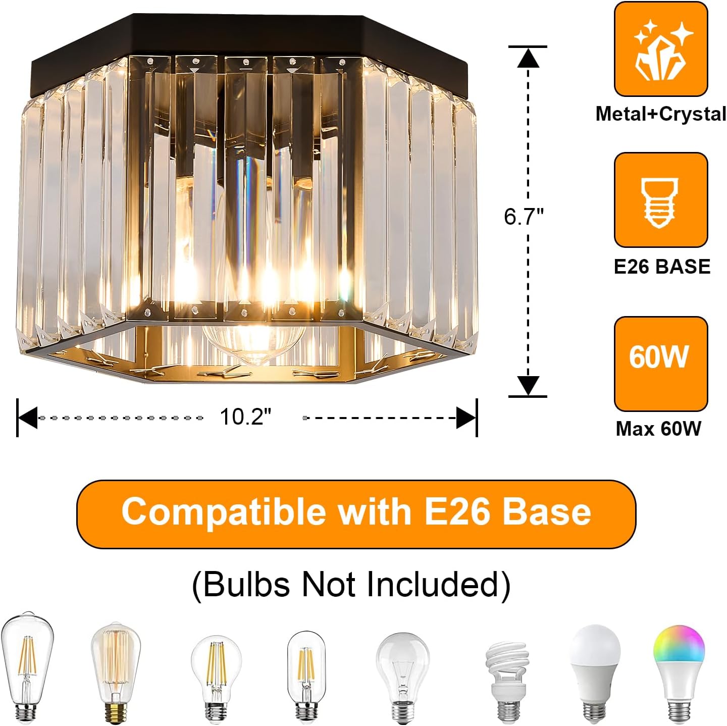 SGLfarmty Crystal Flush Mount Ceiling Light, 1 Light Black Hallway Light Fixtures Ceiling Mount, Small Close to Ceiling Light with Hexagonal Cage, Mini Modern Chandeliers for Foyer Entryway Bedroom