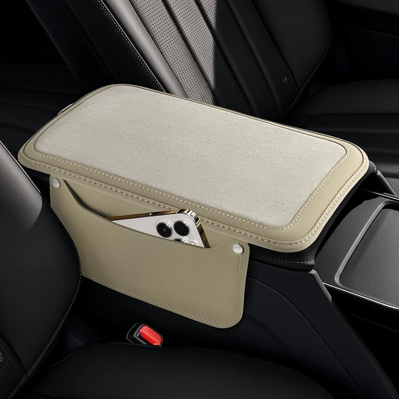 Capa de couro para apoio de braço do console central SINGARO com 2 bolsas e 7 bolsos – Branca