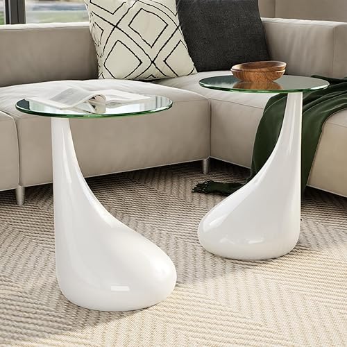 Miniatura 2 de vidaXL Juego de mesa auxiliar redonda de 2 piezas con parte superior de cristal, moderna y pequeña, mesa de centro blanca, perfecta para sala de