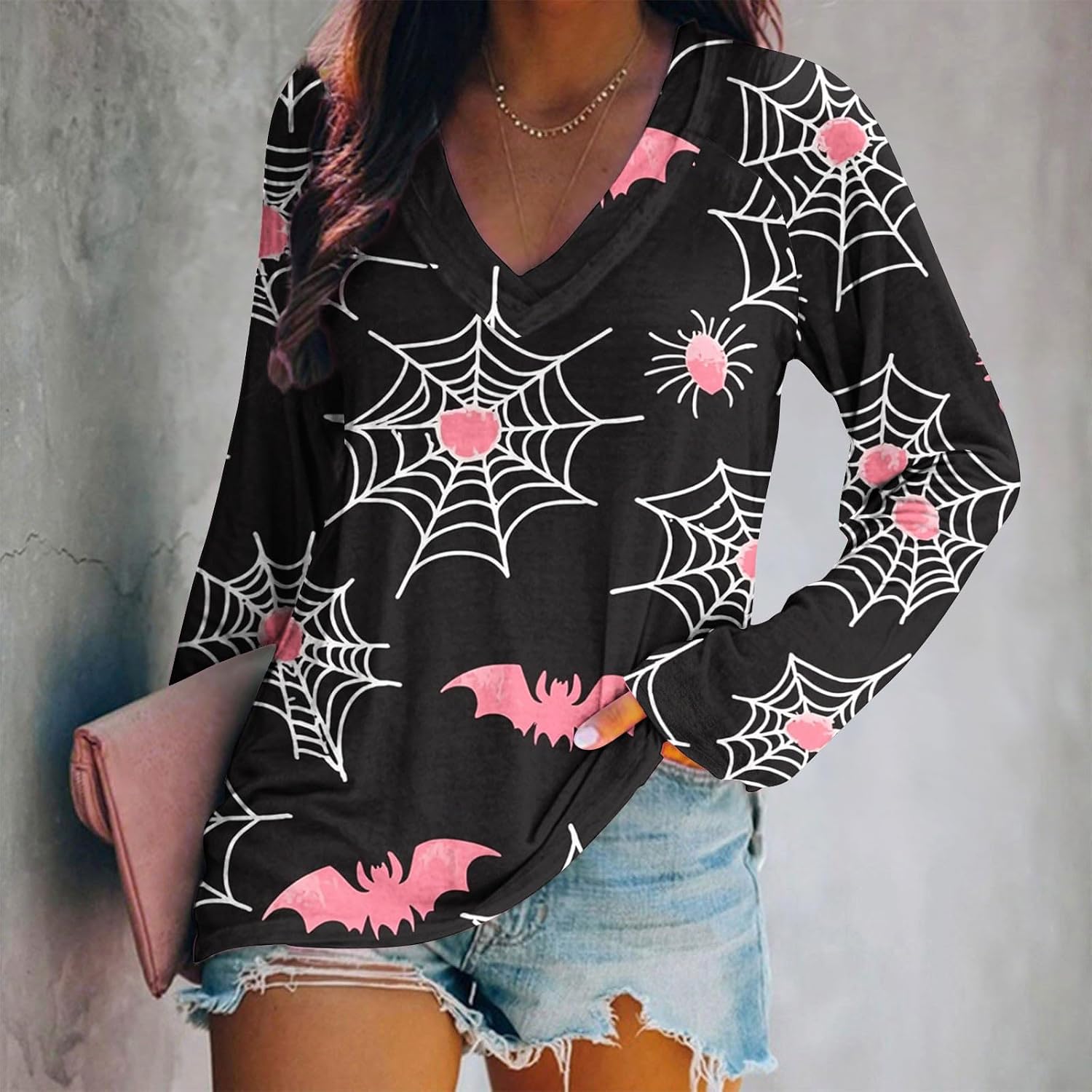 Womens Fall Shirts Halloween Long Sleeve Pumpkin T-Shirts V Neck Casual Thanksgiving Graphic Tee Tops