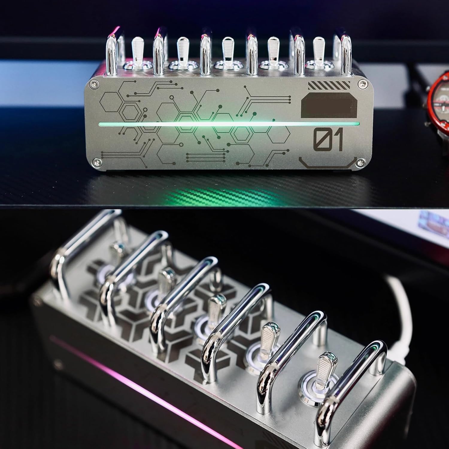 Multipresa portatile con hub USB e illuminazione ambientale, interruttore indipendente, design maniglia in metallo per studio e sala giochi