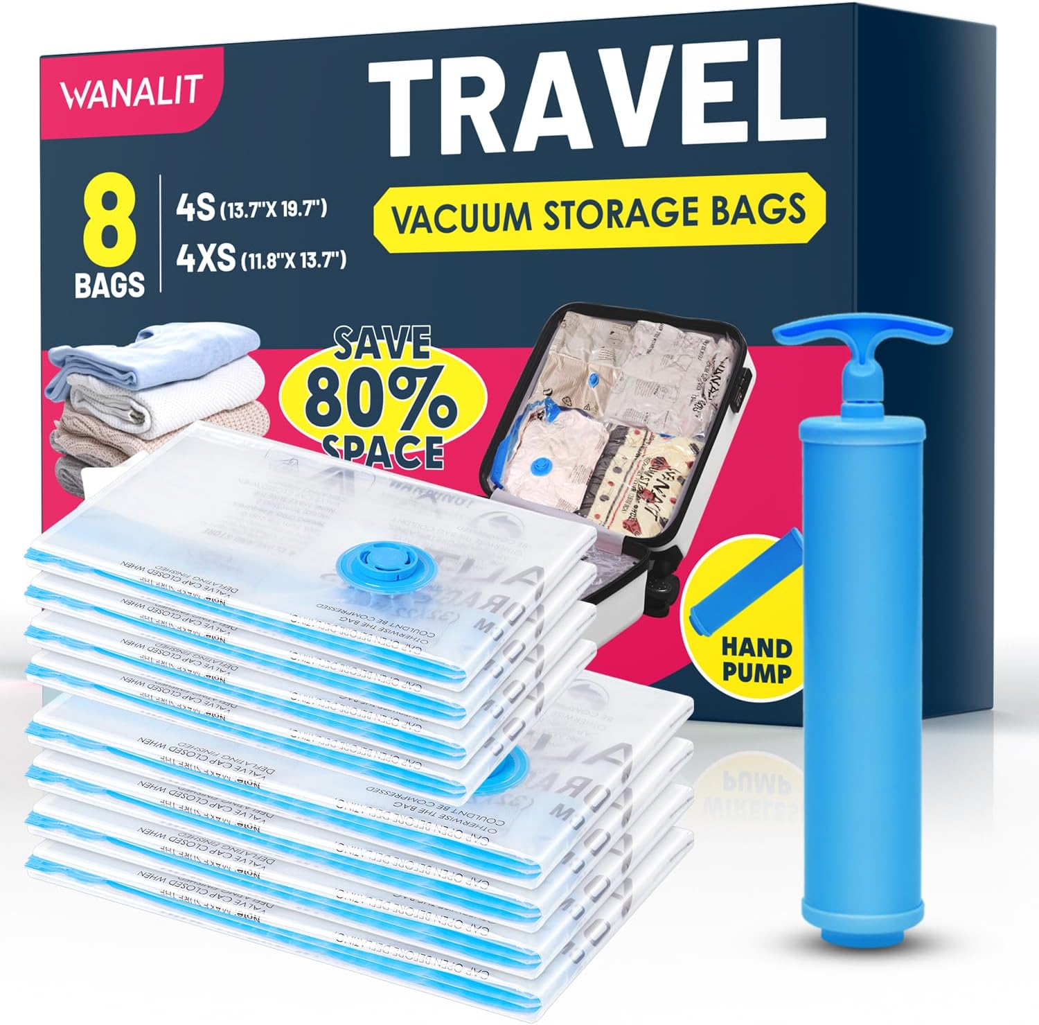 Travel Vacuum Storage Bags with Hand Pump, 8 Pack (4S+4XS) Vacuum Seal Bag Travel Essentials Space Saving Bags for Clothes, Luggage, Carry-on Suitcase, Backpack, Holiday Business Trip