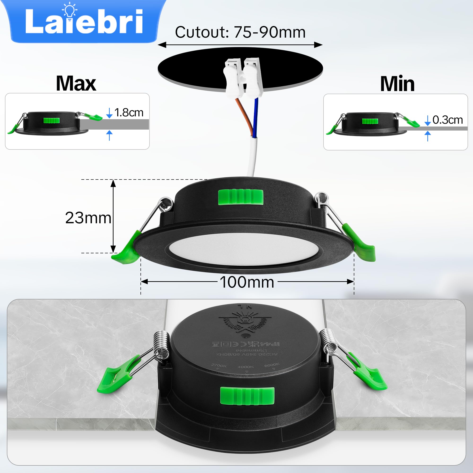 Juego de 10 focos LED empotrables negros de 230 V - Focos de techo extra planos IP44 - Ø 75-90 mm, 6W, 600lm, 2700 K/4000 K/6000 K, Iluminación LED para baño, salón y cocina DAW
