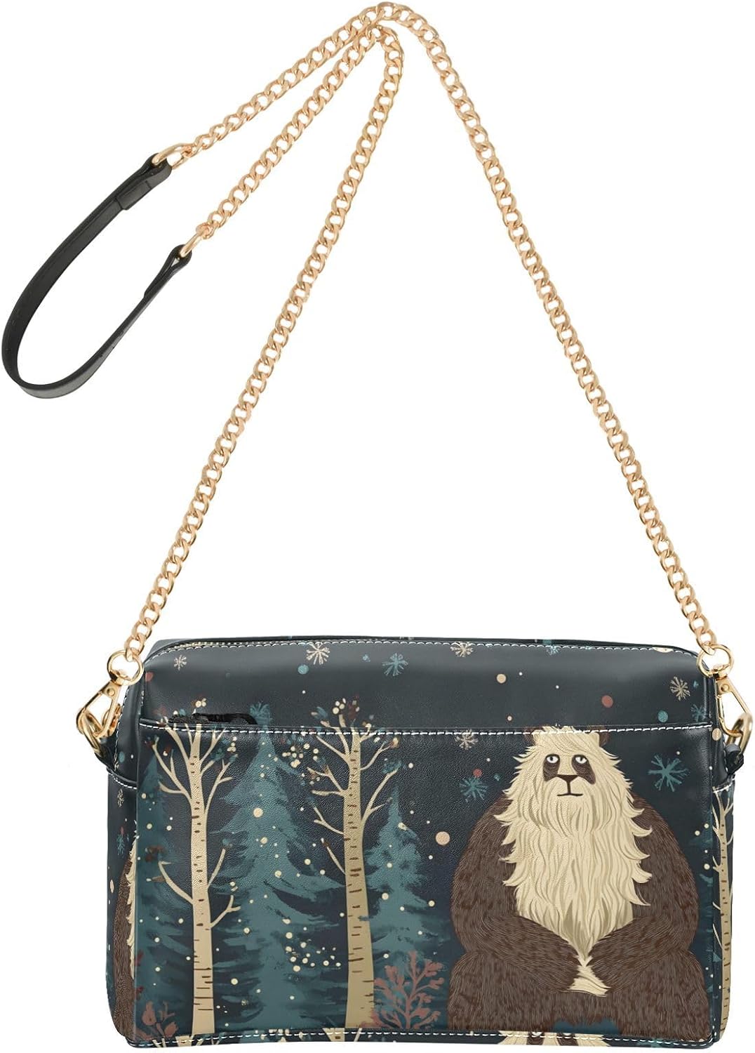 Women Crossbody Bag Shoulder Handbag Cellphone Purse PU Leather Metal Chain Strap Water Resistant Zipper Closure Sasquatch Christmas Print