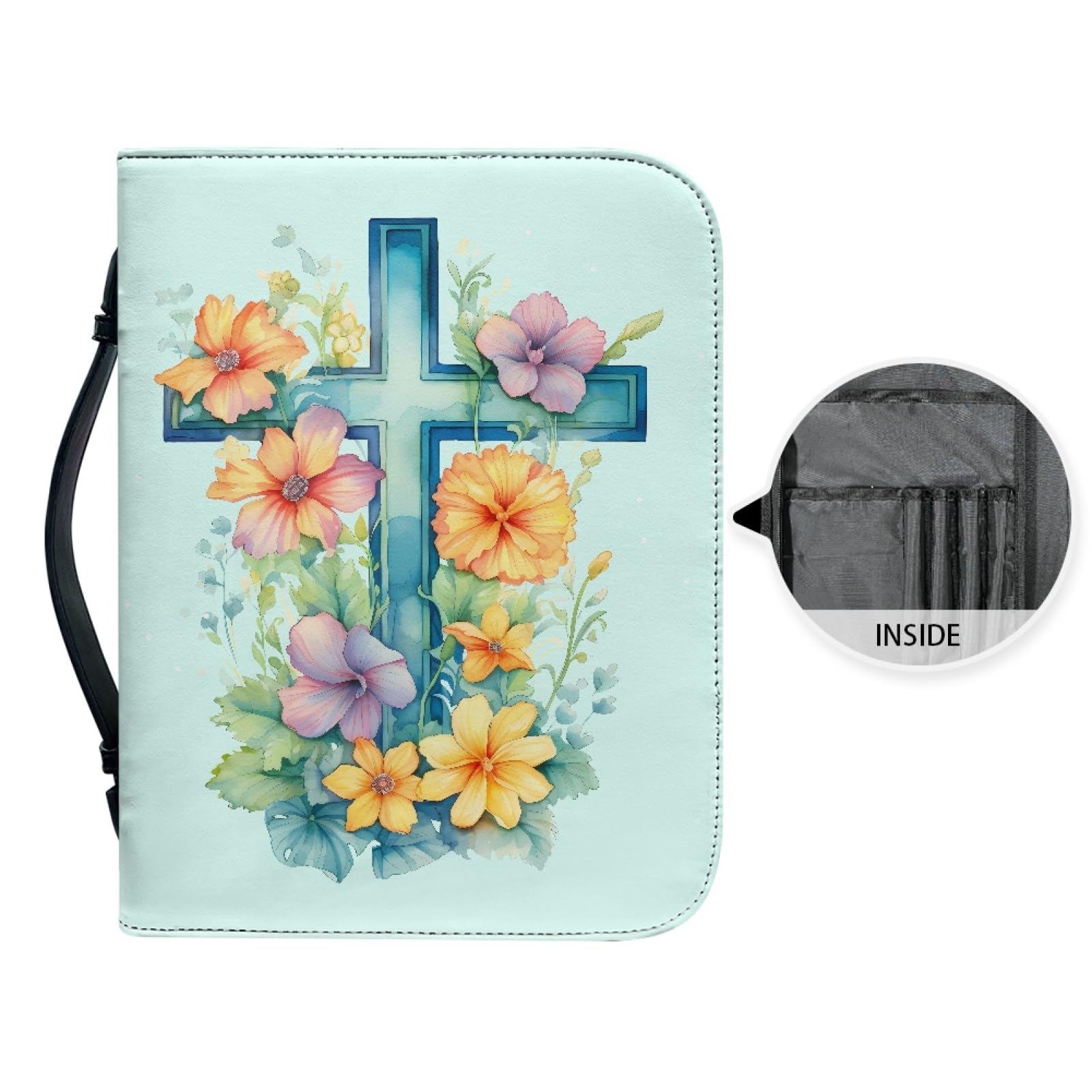 Personalizzata Custodia Bibbia in Pelle con Cerniera Grande Borsa Biblica Donna Uomo Fiore Crocifisso Azzurro L