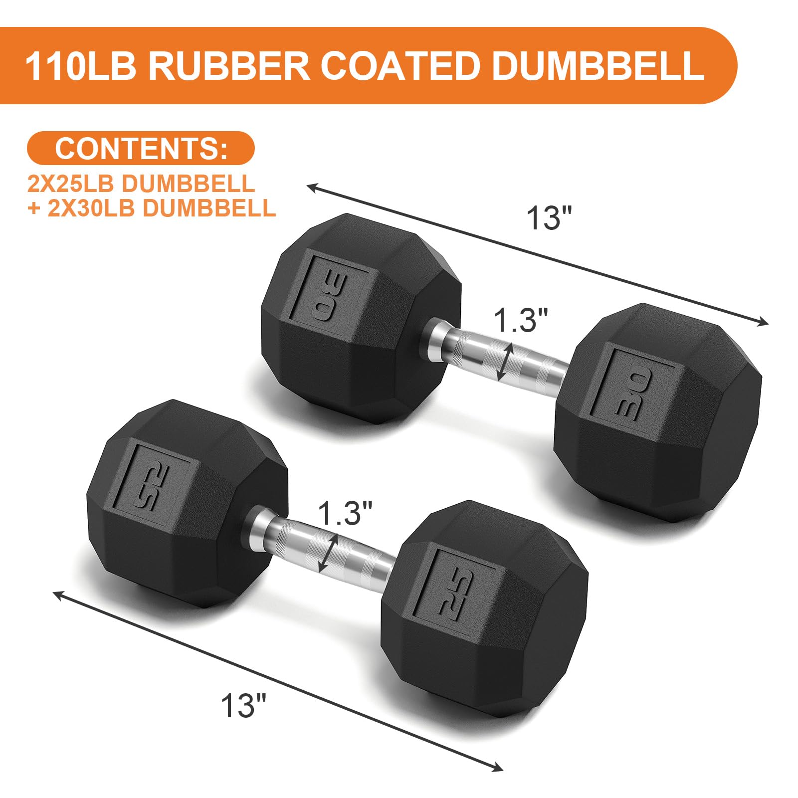 Rubber Coated Hex Dumbbell Weight Set, Multiple Sizes Exercise & Fitness Dumbbells,100LB Set or 110LB Set, 35-50 Lbs Pairs, Hand Weight for Muscle Toning, Strength Building & Full Body Workout