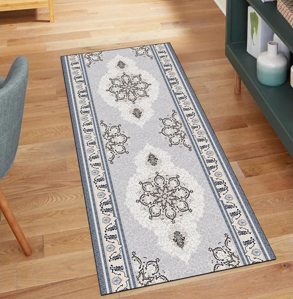 Alfombra de pasillo gris vintage antideslizante lavable de 60x200 cm 1
