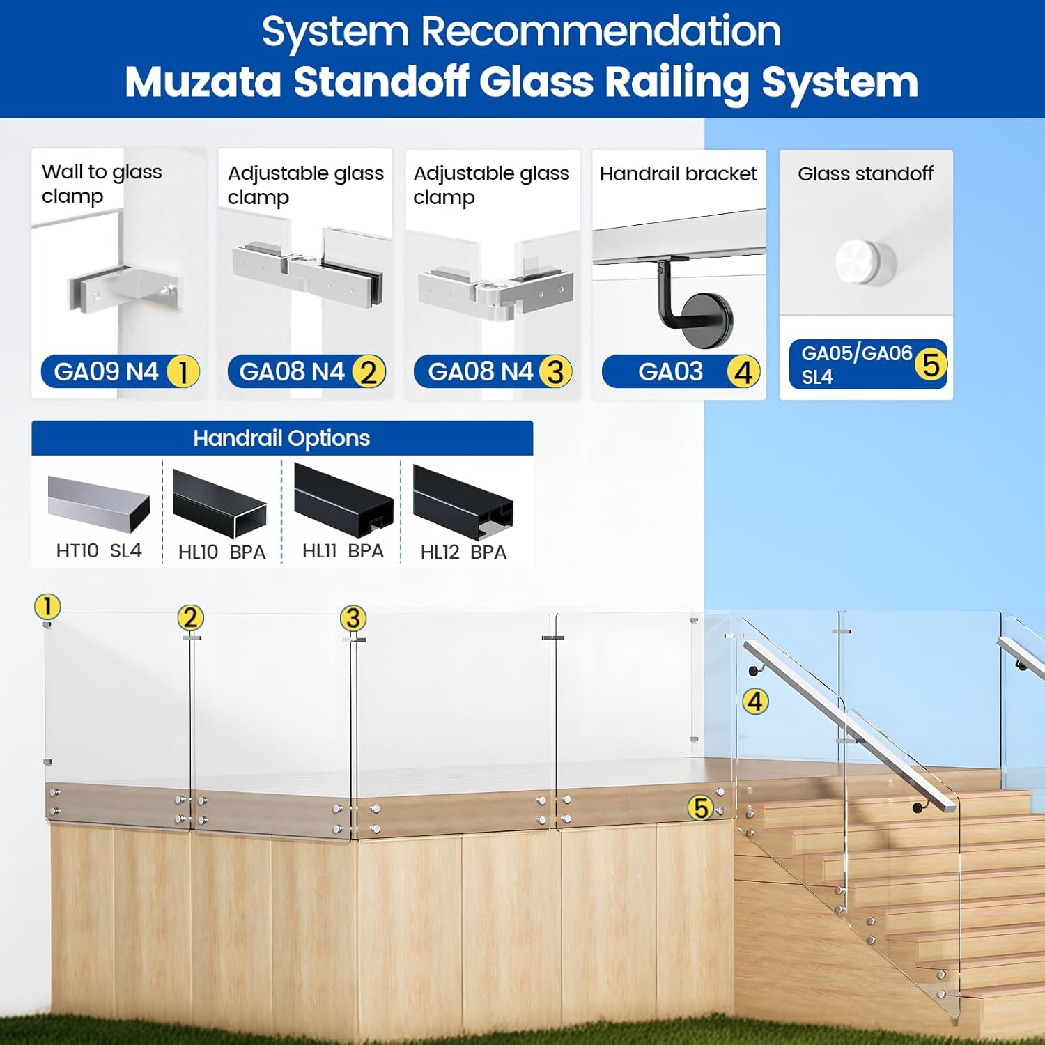 Muzata 8Pack 1 7/8 inch Brushed Glass Railing Standoff Heavy Duty Glass Standoff Screws Pin for Balcony Stair Balustrade Railing Side Mount GA06 SL4