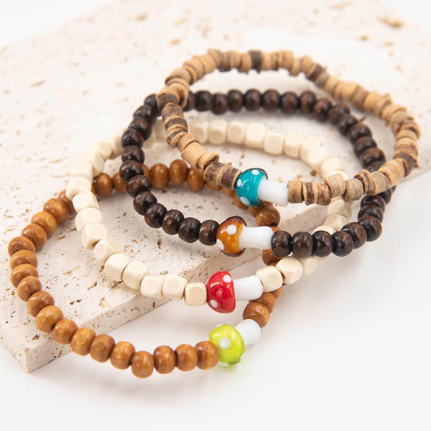 4-Piece Set of Unique Wooden Mushroom Beaded Elastic Bracelets - Unisex, Rustic Bohemian Style, Multi-Color,Good Gifts for Mom,Dad, Boyfriend, Girlfriend, Best Friend,Roommate or Classmate. - Image 4