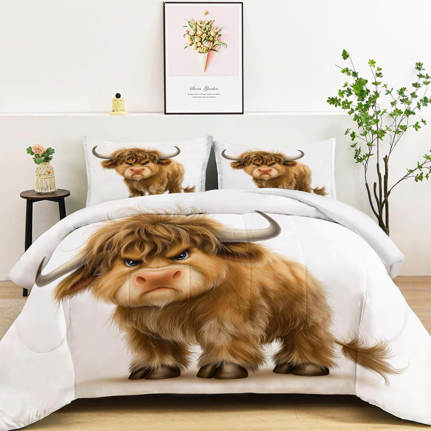 3 Pieces Warm Brown Bedding Set, Cartoon Animals Highland Cow Queen Comforter Set for Kids Girls Room Decor, Aesthetic Soft Microfiber Quilt for All Season (90" x 90")