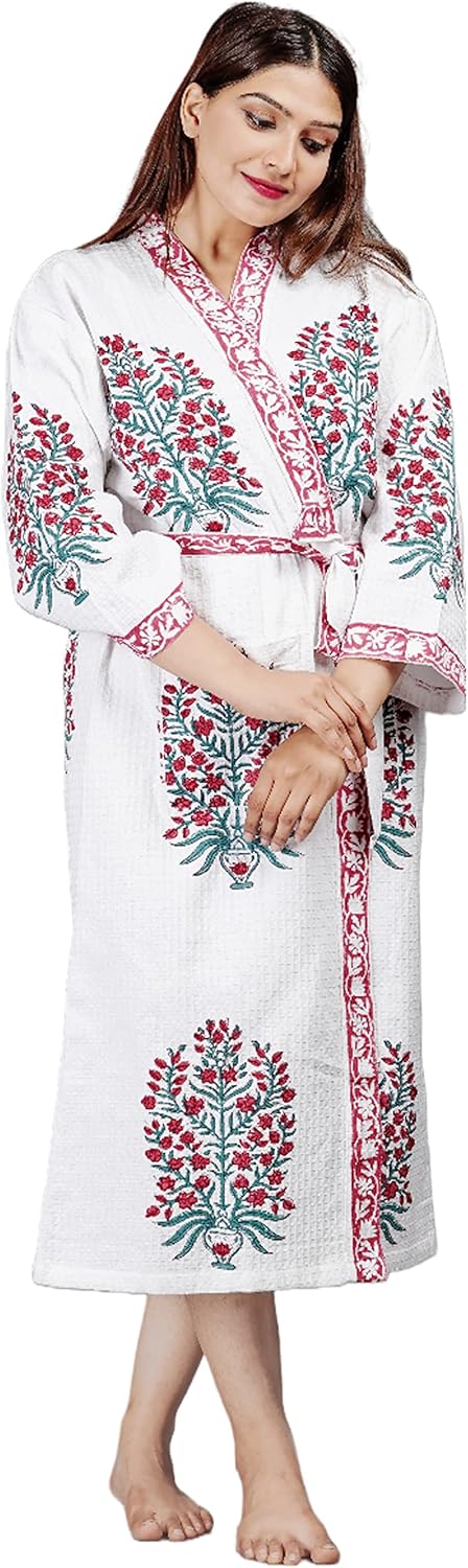 Waffle Cotton Handprinted Bath Robe Summer Hotel Kimono Floral Spa Beach Coverup Long Bohemian Hippie Swim Wear