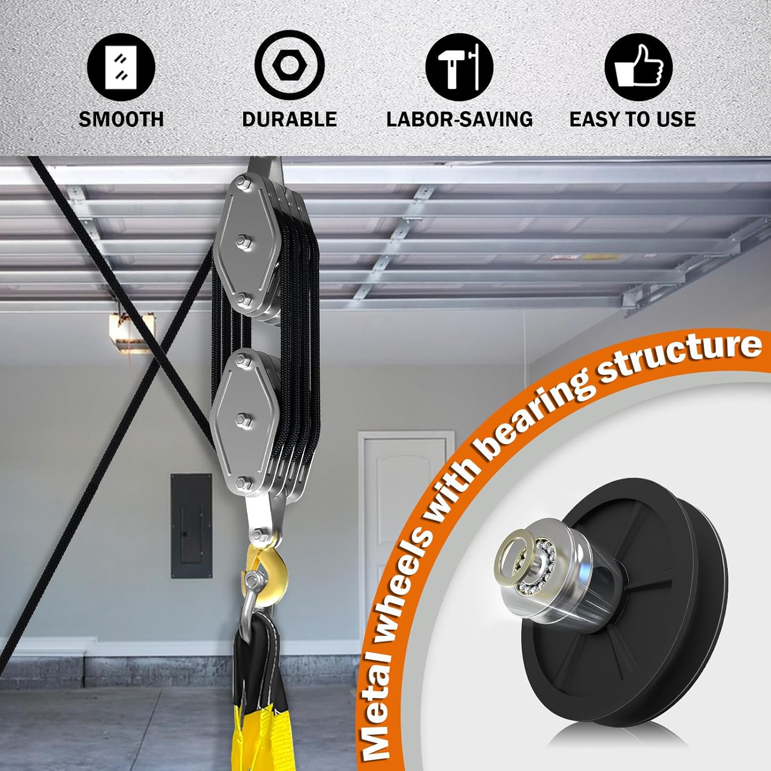 Upgraded Rope Hoist Pulley System, 4400LBS Block and Tackle with 304 Stainless Steel Shackle 2PCS Lift Sling, 8:1 Power 65ft Heavy Duty Pulley Block for Lifting Garage Warehouses Building