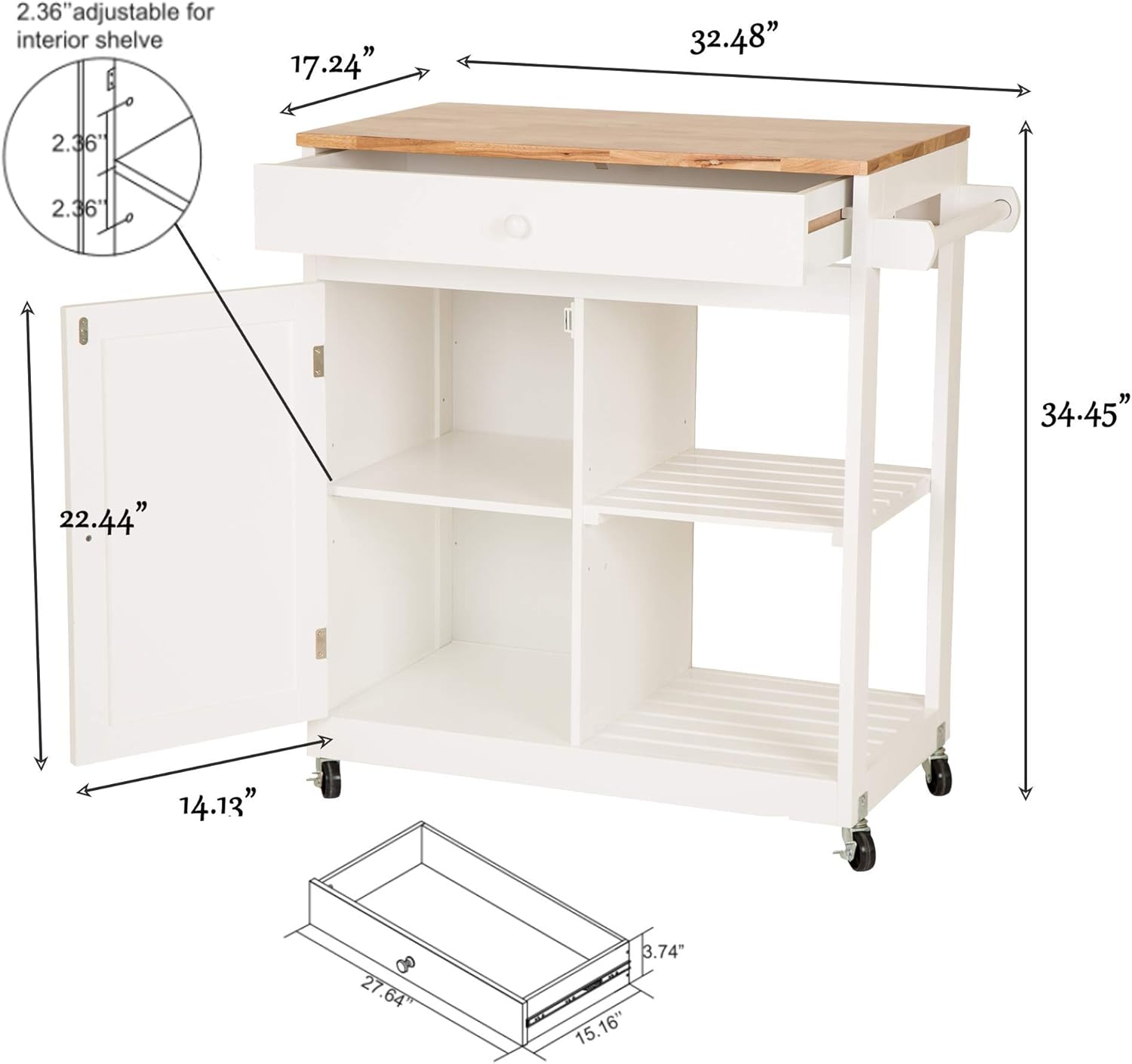 Glitzhome Island on Wheels Rolling Kitchen Cart with Storage, Wood Top Cabinet, 34.45" H, White