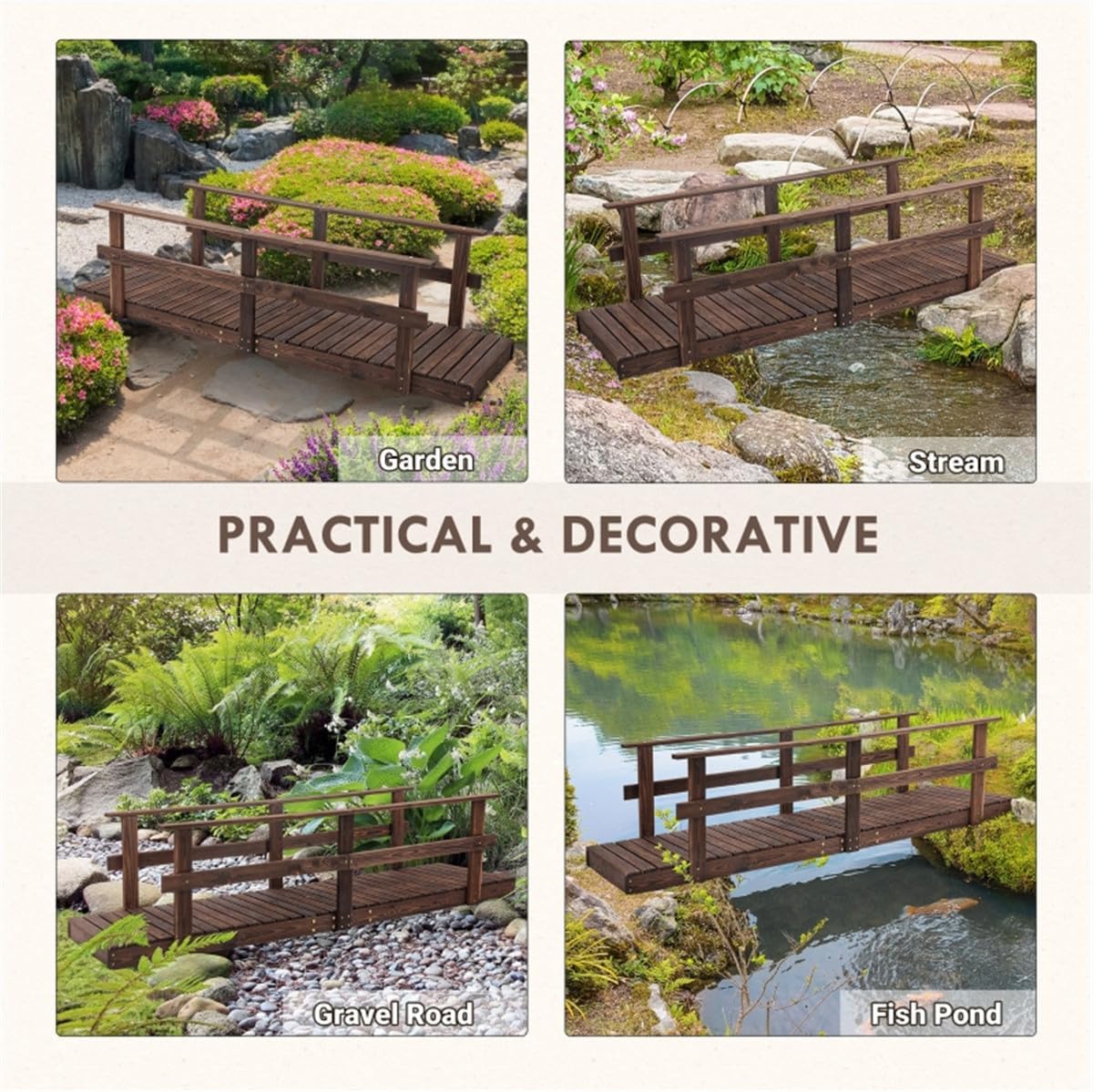 Wooden Garden Bridge Arc Footbridge with Safety Railings,Easy to Assemble,for Outdoors, Backyard, Garden Farm(Stained Wood,84.75" L x 28.75" W x 21.75" H)