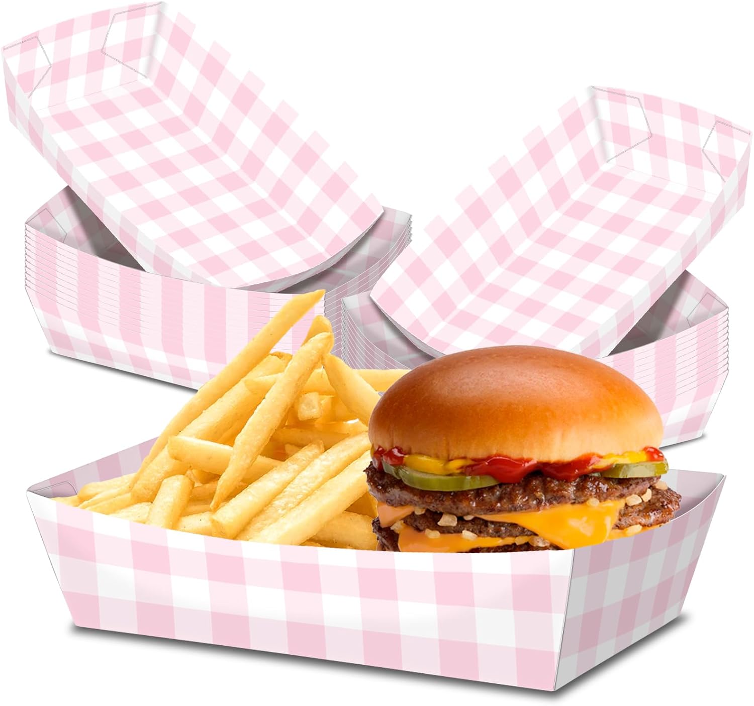 No Folding Required 50 Pack 2Lb Pink Gingham Plates Party Supplies Disposable Paper Food Trays Bulk Disposable Food Boat with Checkered Wax Paper Sheet Checkered Wrapping