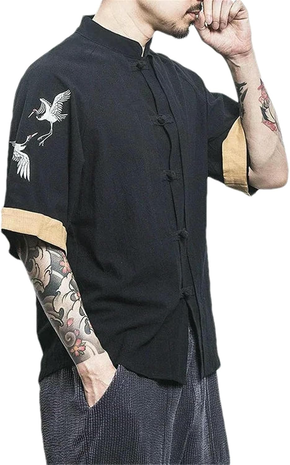 Men Dragon Embroidery Shirts Men's Chinese Retro Cotton Linen Kung fu Short Sleeve Cardigan Mens Casual Shirt