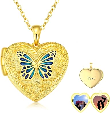 Butterfly Locket Necklace That Holds 2 Pictures 925 Sterling Silver 10K 14K 18k Real Gold Heart Locket Necklace Photo Jewelry Gifts for Women Mother Mom Wife Mothers Day Christmas Birthday