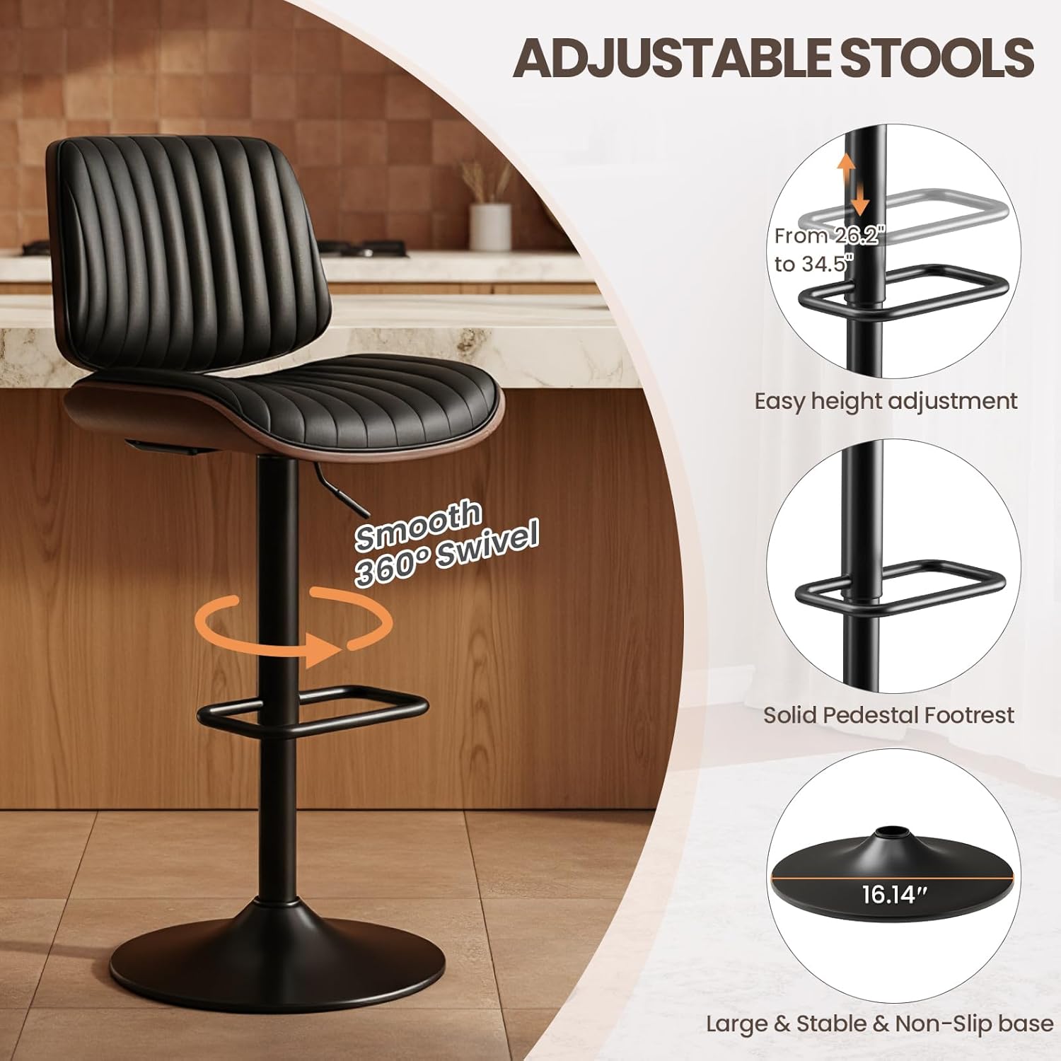 MALOL Bar Stools Set of 3, Adjustable Counter Height Bar Chairs 26"-34.5" with Swivel & Footrest, Modern Faux Leather Barstools for Kitchen Island, Dining Room,Pub,Black