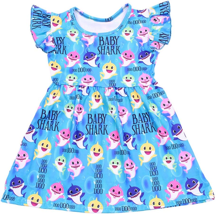 Girls Dress Colorful Baby Shark Print Sleeveless Blue Clothing Milksilk (6T)
