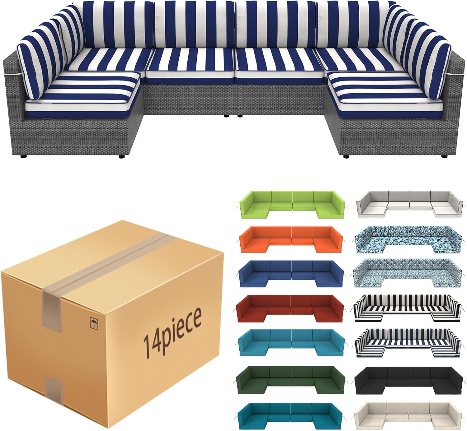 14 Pcs Outdoor Replacement Cushions for Patio Furniture, All Weather Water Resistant Cushion for 6 Seat Rattan Wicker Sectional Patio Conversation Sets and Couch (Blue Stripe)