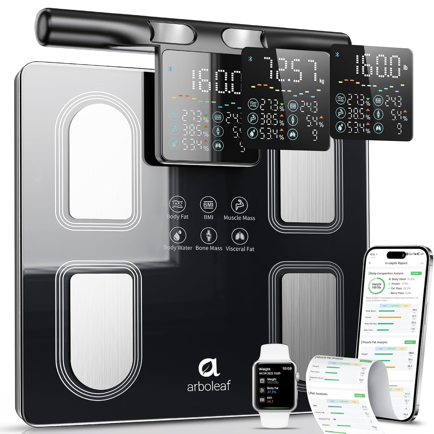 Arboleaf 8-Electrode Body Composition Scale, 5.3" Eye-Level Handle Display, 50+ Metrics Smart Fat Scale for Body Weight, Bluetooth App Sync, 400lb Capacity for Home Gym, Black