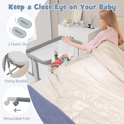 Miniatura 22 de INFANS Cuna de bebé 3 en 1, cuna plegable con colchón, bolsa de viaje, ruedas, malla de 4 lados, fácil de montar, cuna estacionaria, roca