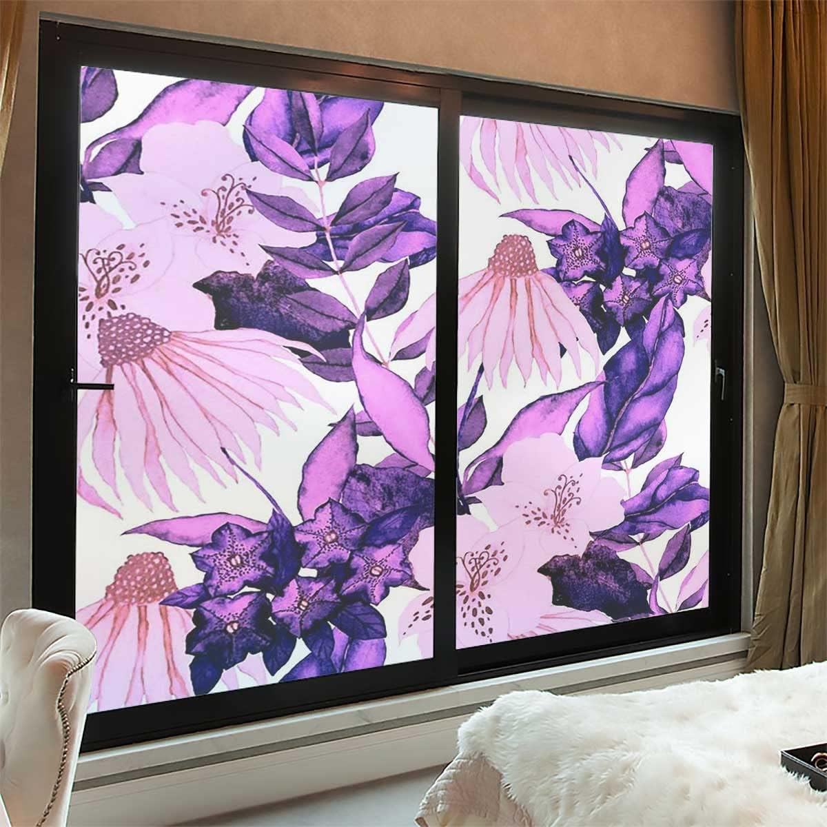 Vinyl Stained Glass Film Purple Morning Glory Flowers Window Film Privacy Stained Static Cling Glass Film 17.7Wx35.4L-inch x2 Pcs