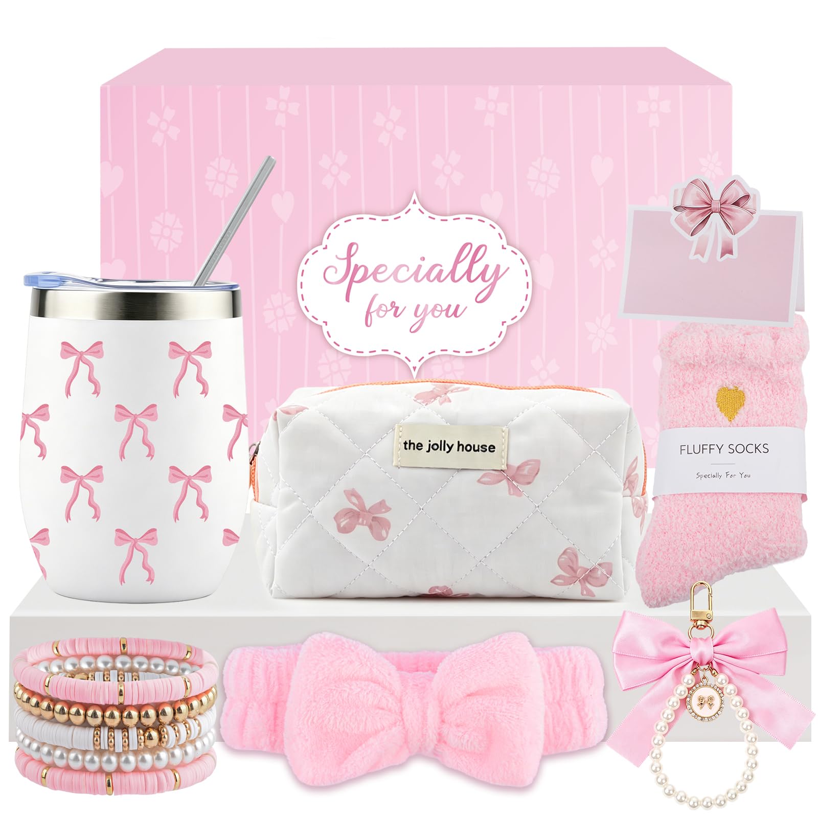 Gifts for Girls 7 8 9 10 11 12 13 14 Year Old, Birthday Gifts Presents for Teenager Girls Age 6-15, Insulated Tumbler with Lid and Straw, Cosmetic Bag Headband Socks Keychain, Pink Bow Coffee Cup