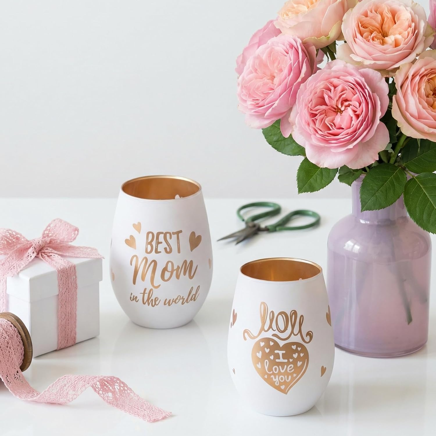 Mother's Day Table Decorations, Best Mom in the World Glass Candle Holder, Table Centerpiece for Birthday & Party, Gifts for Mom from Daughter Son, White & Gold 1 Pack