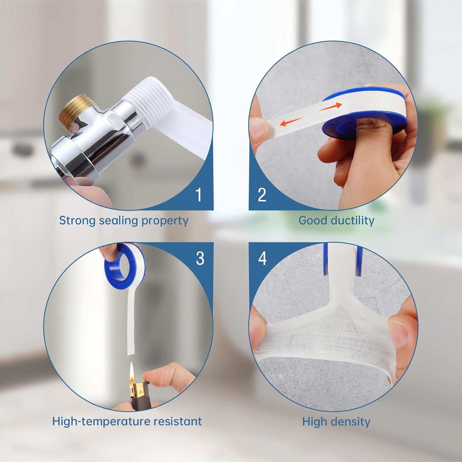 6 Rolls Premium Plumbers Tape, Teflon Tape, PTFE Thread Seal Tape, High-Density Thread Sealant, for Shower Head, Water Pipes (1/2 in X 394 in)