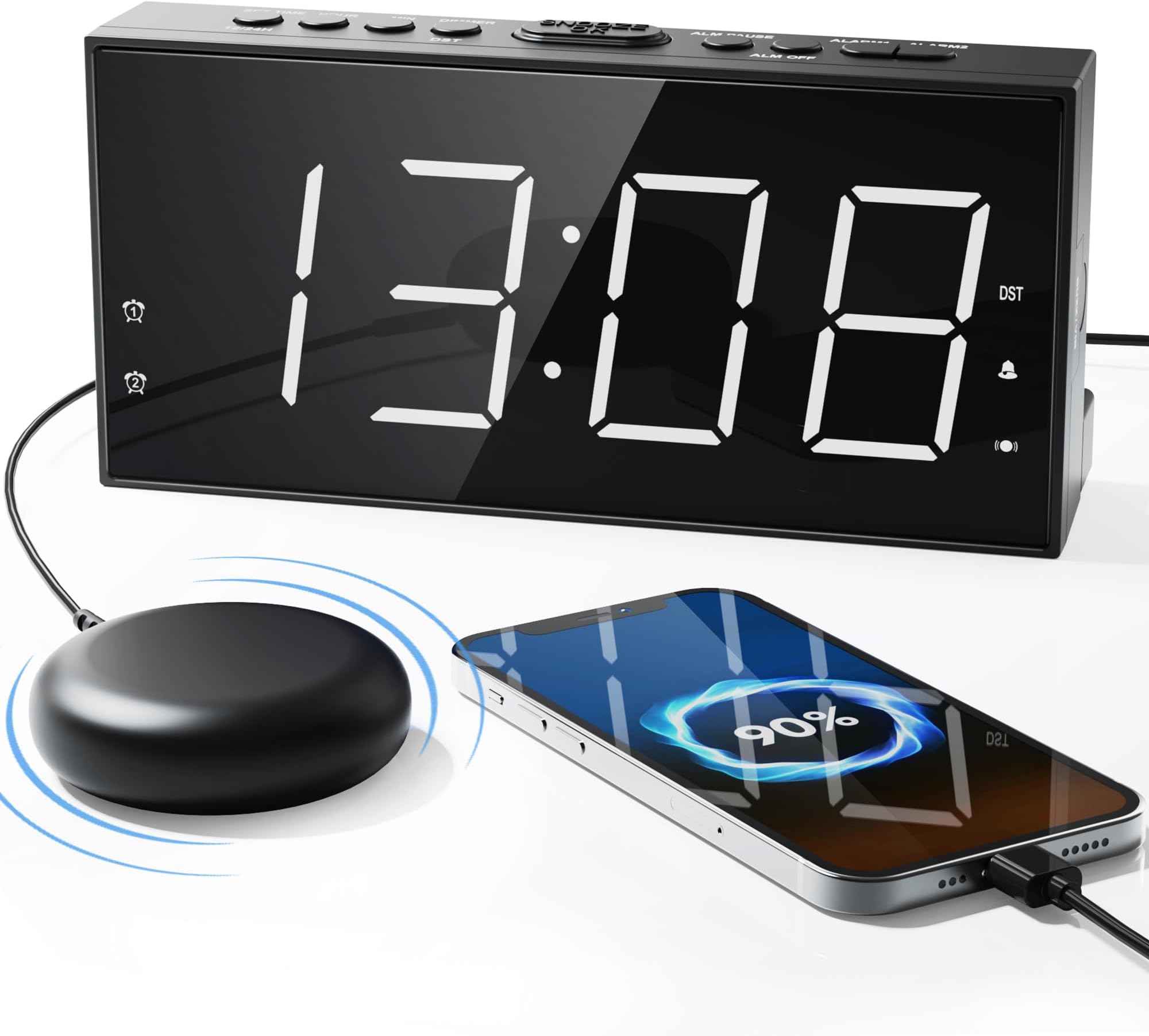 Super Loud Alarm Clock with Bed Shaker for Heavy Sleeper, Dual Vibrating Alarm Clock with USB Charger for Hearing-impaired Deaf, 7.5’’ Large Display with Dimmer, Snooze, 12/24H & Battery Backup