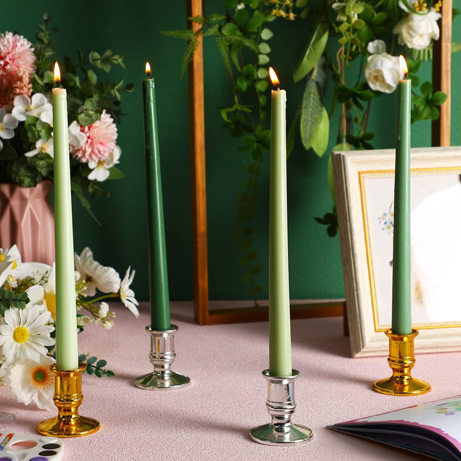 Treela 24 Pcs Green Gradient Color Taper Candles 12 Inch Scented Smokeless Candle Sticks Long Tall Burning Candlesticks for Valentine Dating Hanukkah Home Decor Advent Christmas