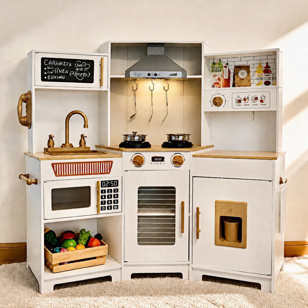 YUG Heavy-Duty Wooden Play Kitchen Set with Real Lights & Sounds, Compliant Premium Corner Pretend Kitchen Toy Including Stove, Oven, Ice Maker, Range Hood, for Kids Ages 3+, ASTM CPSIA Compliant