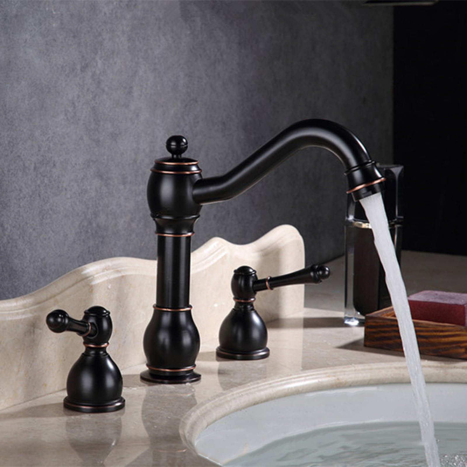 Robinets de salle de bain for évier 3 trous noir en laiton massif