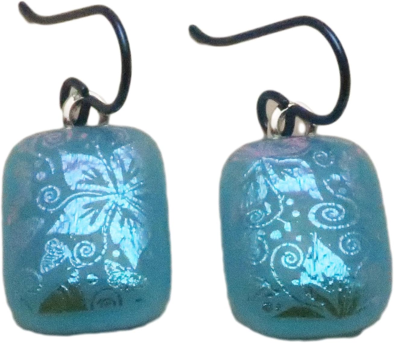 Aqua Blue Sparkle Lacy Dichroic Glass Niobium Dangle Earrings N125