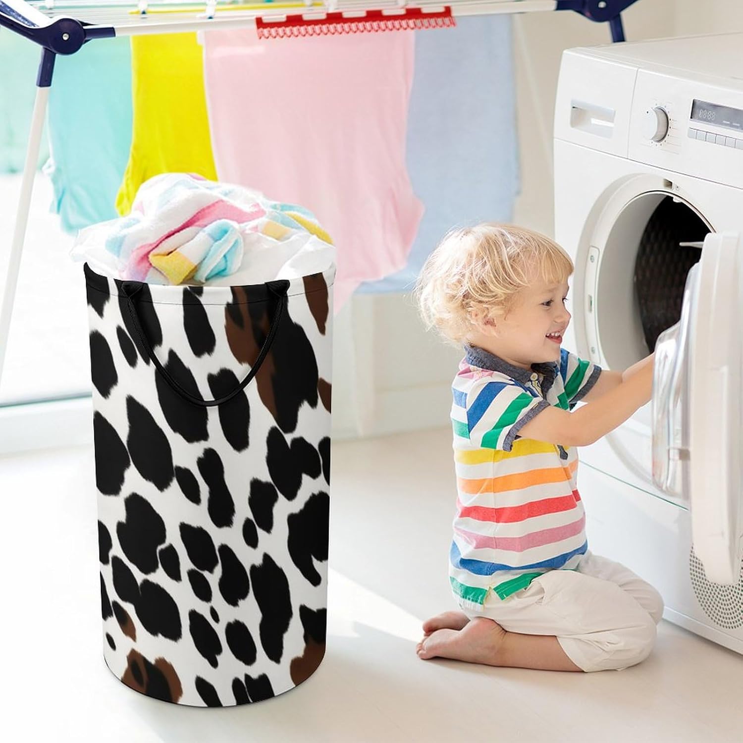 Large Laundry Hamper with Handle Waterproof Laundry Basket Collapsible Dirty Clothes Hamper Animal Skin Cow Laundry Bag for Clothes Toys in Bedroom 15.7x27.2 In