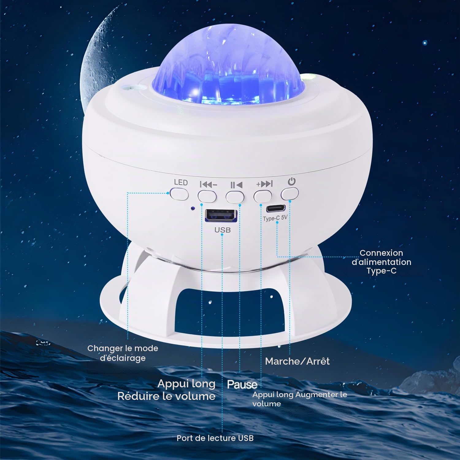 Projecteur Ciel Étoilé Lumière Boréale Veilleuse Enfant et Adulte 8 Couleurs Bluetooth Musicale LED Décoration Chambre Blanc