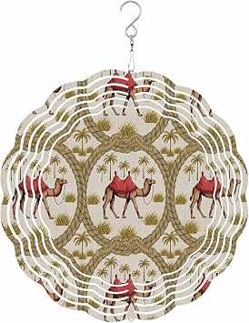 Deserts Camels Wind Spinner 10 Inch Date Coconut Trees Ropes Grassroot Animal Linen Texture Wind Spinners Outdoor 3D Stainless Steel Hanging Sculpture Decorations Gift for Garden Yard Porch Balcony
